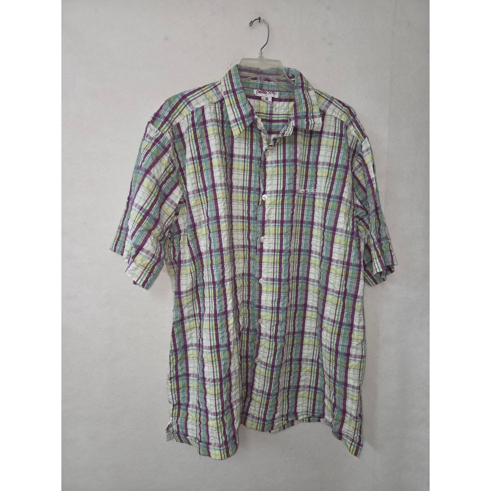 Pelle Pelle Button Down Shirt Mens 3XL Purple Green Plaid Short Sleeve Y2K Vtg